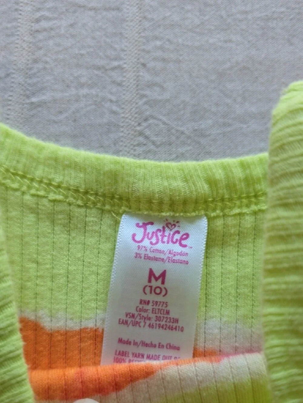 Justice Neon Citrus Yellow Tie-Dye Tank Top Girls Size M (10)